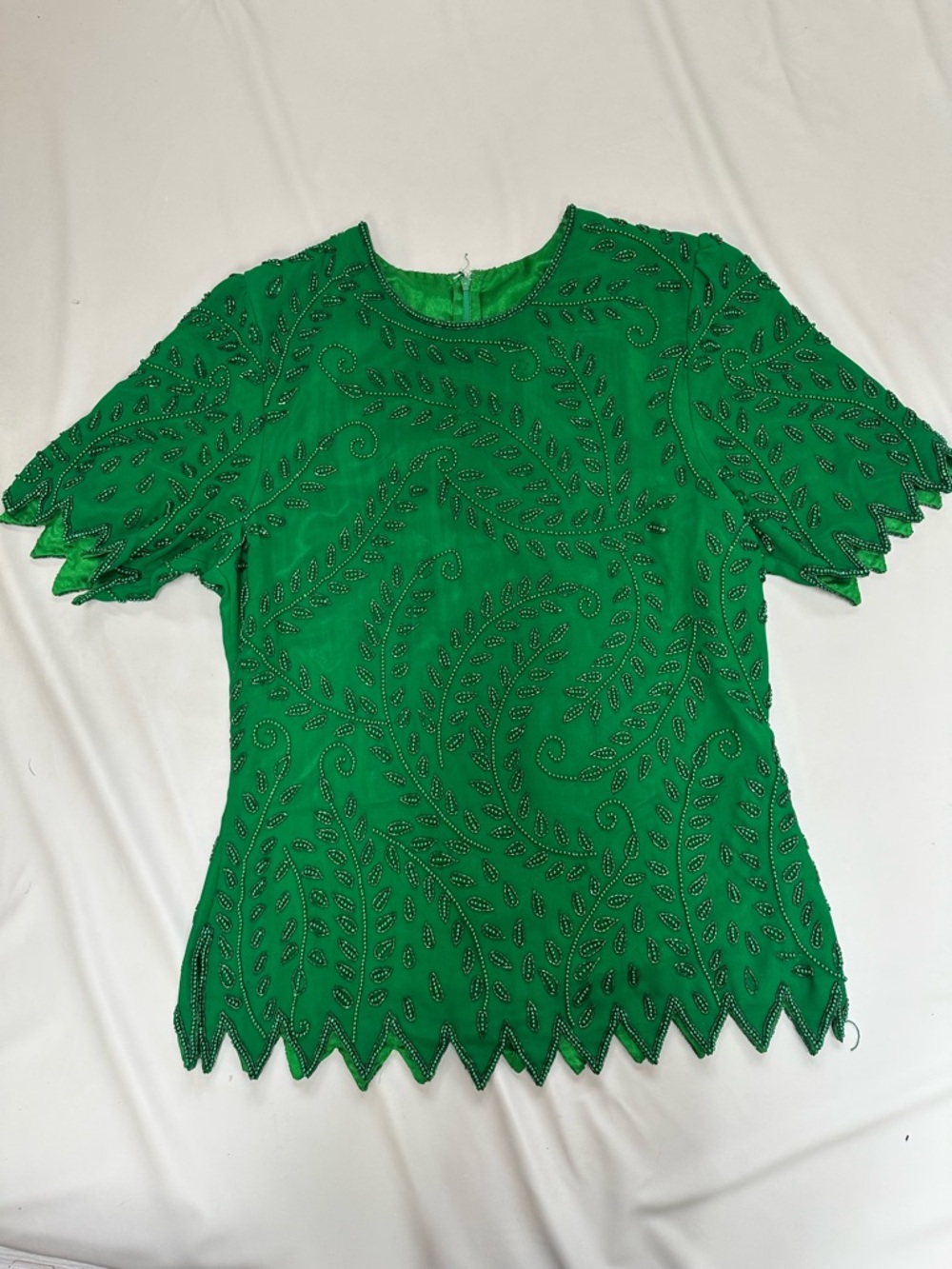 Vintage Green Beaded Short-Sleeve Women's Top